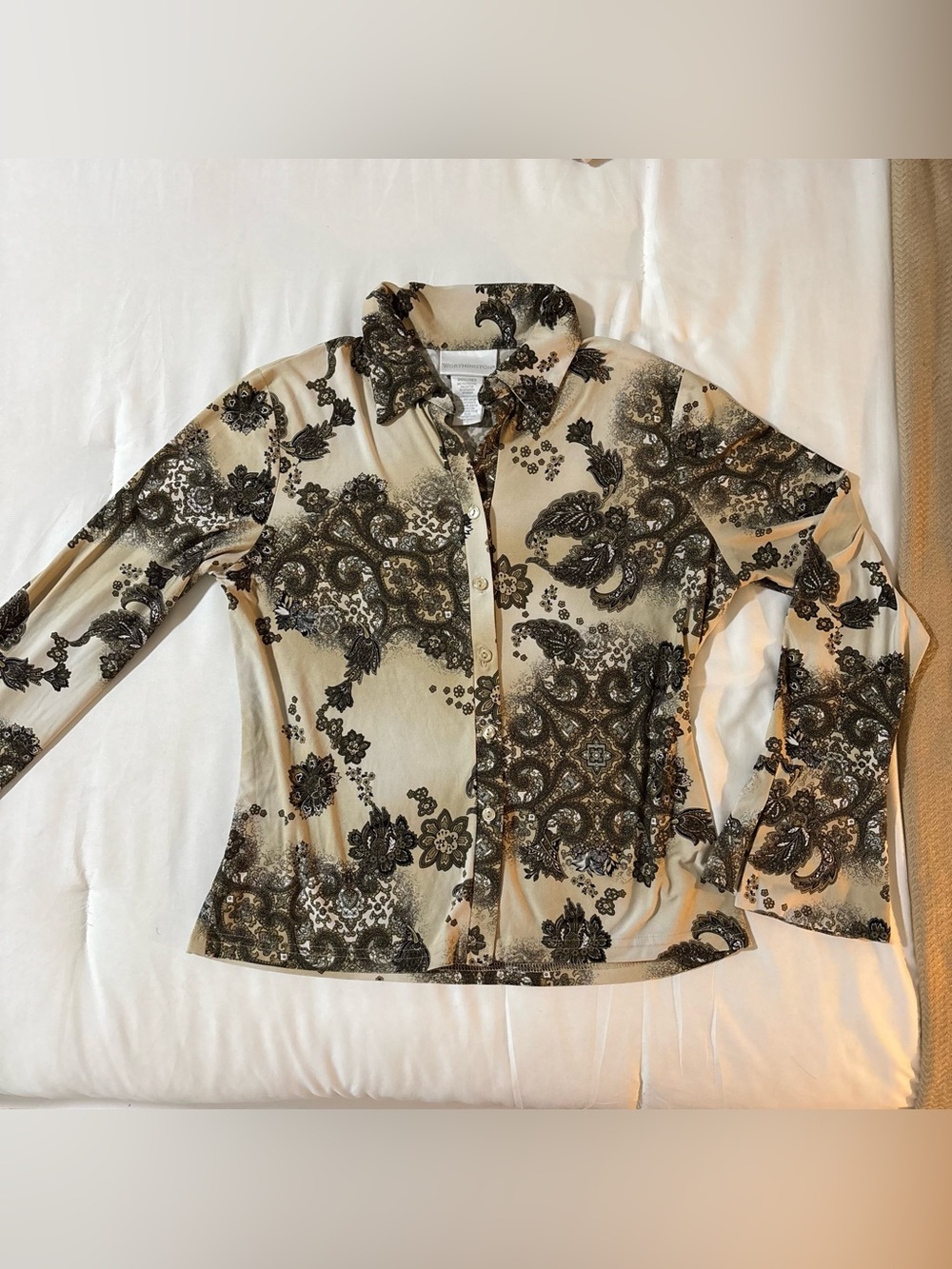 Worthington Cream and Black Paisley Button-Front Top